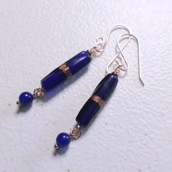 Deep Blue Slim Dangle Earrings - Sleek Trendy Versatile - Day or Night Wear - Picture 5 of 10